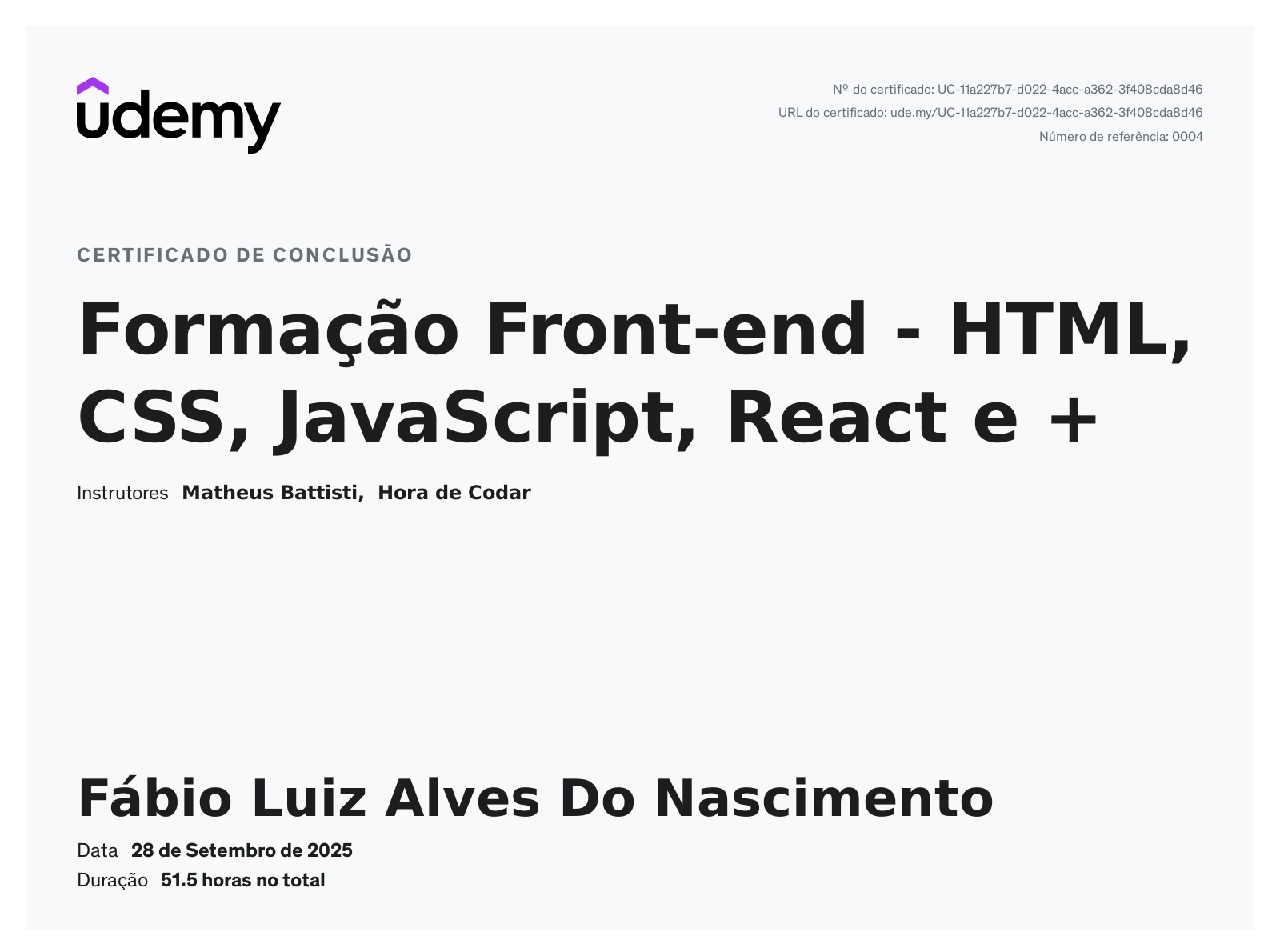Certificado de conclusão da formação Front-end na Udemy